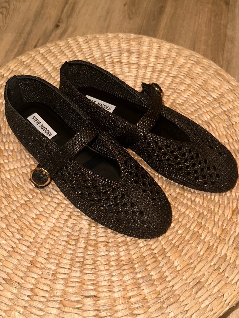 Steve Madden Black Woven Mary Jane Ballet Flats with Gold Buckle